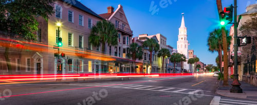Preview: Uban streets in Downtown Charleston, South Carolina, United States. Vibrant sunrise twilight