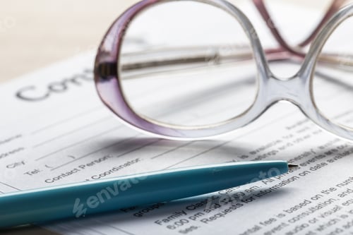 Preview: Document preparation with glasses and a pen on a wooden desk during office hours