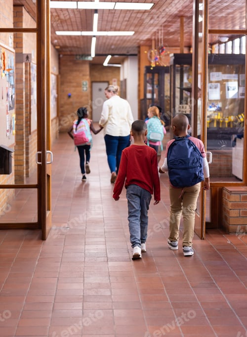 Preview: Walking in school hallway, diverse children with backpacks heading to classroom