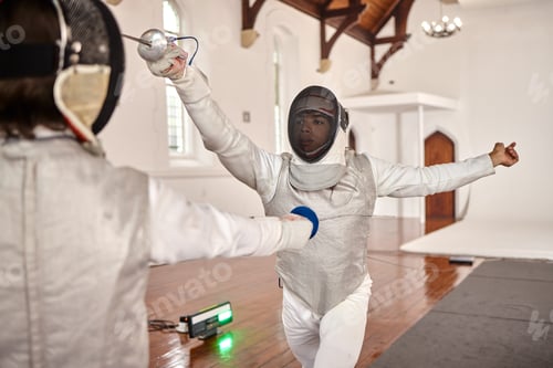 Preview: Fencing, people and training with a sword in fight, exercise of fighting with a weapon or duel in s
