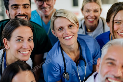 Preview: Portrait of happy doctors, nurses and other medical staff in hospital.