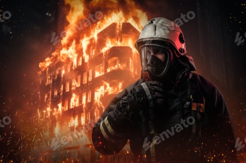 Preview: firefighter in protective gear and oxygen mask stands surrounded by flames