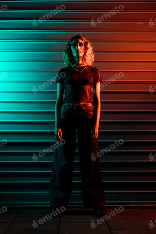 Preview: Stylish young woman at night in front of roller shutter