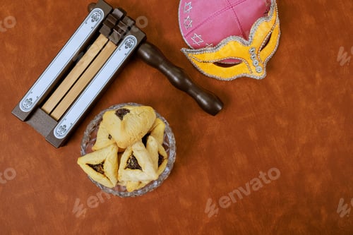 Preview: Carnival mask, hamantaschen cookies, noisemakers, were used to celebrate a Jewish holiday of Purim
