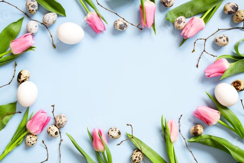 Preview: Easter Blue Background with Pink Tulips