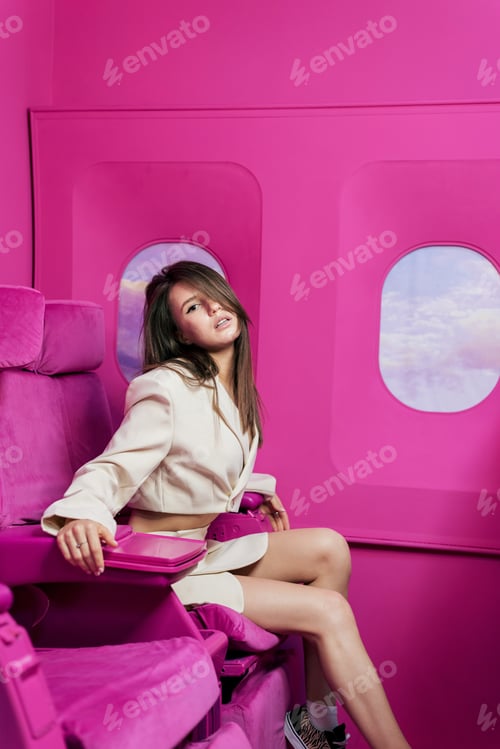 Preview: Young woman posing in a studio with pink airplane seats and portholes