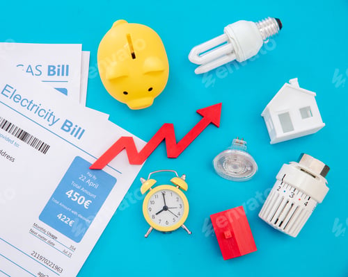 Preview: Living cost increase flat lay. Shopping cart utilities bills on blue background.