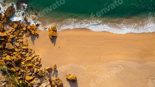 Preview: Beautiful landscape with sandy beach and big stones. Beautiful ocean beach with yellow sand, aerial.