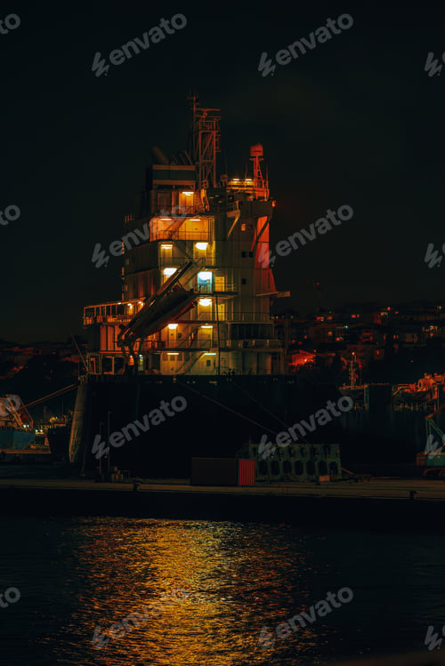 Preview: Cargo ship at night in port. Water freight, large ships