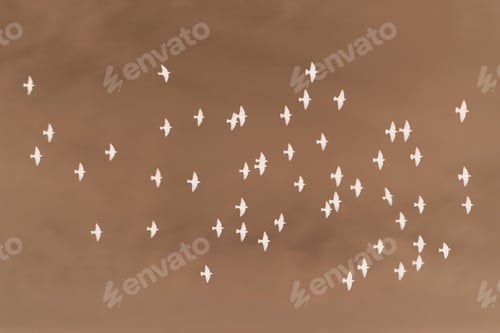 Preview: Abstract of starlings flying across overcast sky.