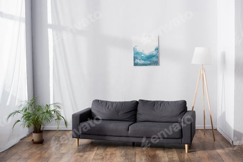Preview: soft comfortable sofa in living room near potted plant