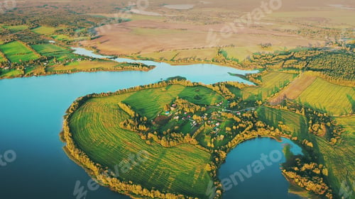 Preview: 4K Aerial View Of Village Houses Near Lakes And Countryside Landscape. Lepel Lake. Lyepyel District