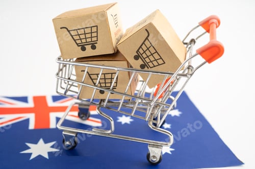 Preview: Box with shopping online cart logo and Australia flag, Import Export Shopping online finance