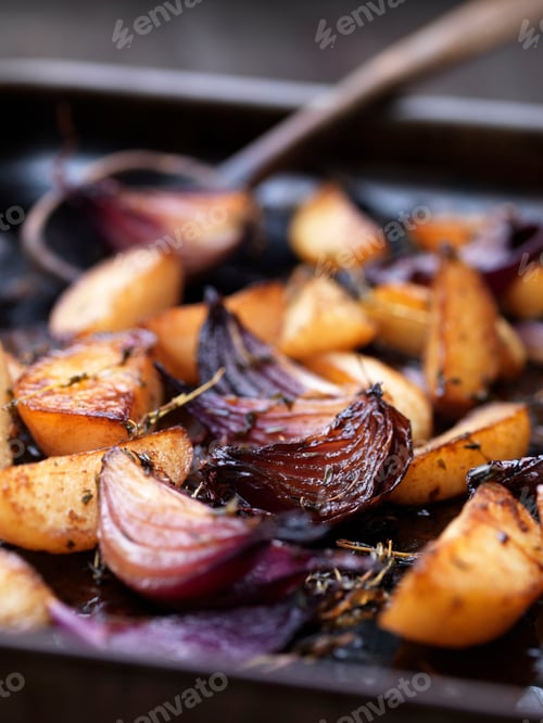 Preview: Close up of roasted vegetables in tray