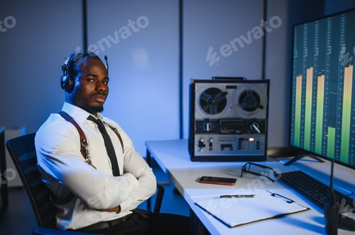 Preview: Secret agent listens on the reel tape recorder. Officer wiretapping in headphones