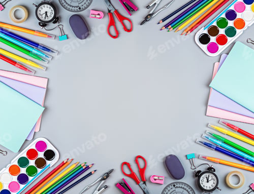 Preview: Back to school mockup with copy space, flat lay top view overhead template. Education supplies