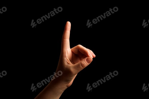 Preview: Hand Showing Sign of D Alphabet in American Sign Language (ASL), isolated on black background.