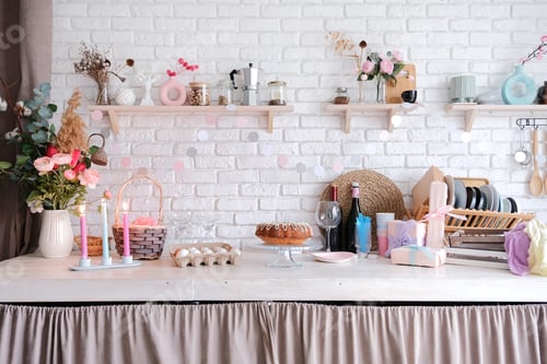 Preview: kitchen counter decorated for Easter front view