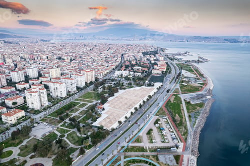 Preview: Bostanli Karsiyaka izmir. Aerial Serenity, Izmir's Bostanli Coastline from Above.