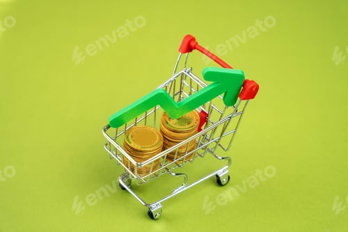 Preview: Coins in a supermarket trolley and arrow up. Successful business profit and investment