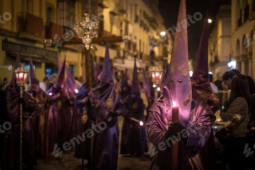 Preview: Crowd in costumes in Semana Santa Festival captured in Seville, Spain