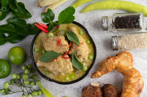 Preview: Chicken green curry in a bowl .
