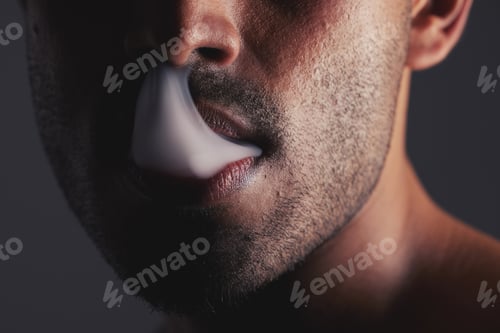 Preview: Smoke, black man and face marijuana with cancer awareness and with bad habit with black studio back