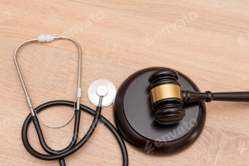 Preview: A gavel and stethoscope on wooden background, The law in medicine and medical negligence