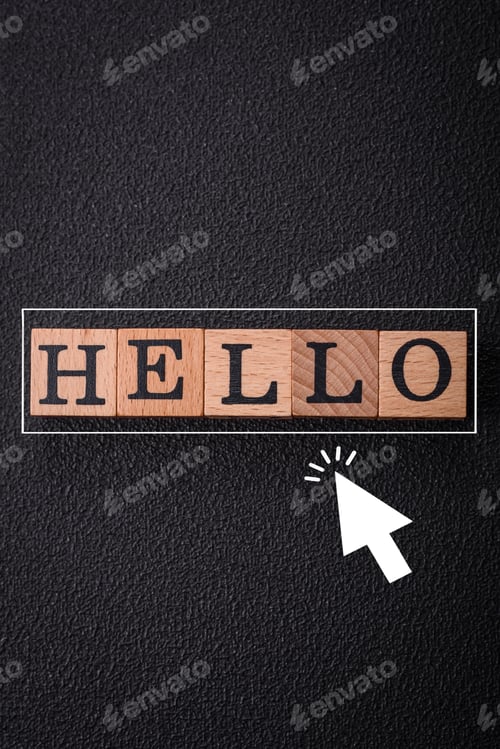 Preview: The inscription hello on wooden cubes on a dark concrete background