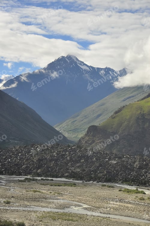 Preview: View of mountains covered with clouds from the peak with Bhaga river in Darcha, Lahaul and Spiti