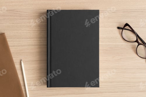 Preview: Black book mockup with workspace accessories on the wooden table.