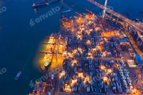 Preview: container cargo ship in the export and import business and logistics. Shipping to the harbor