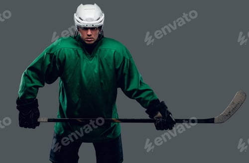 Preview: Hockey player holds gaming stick.
