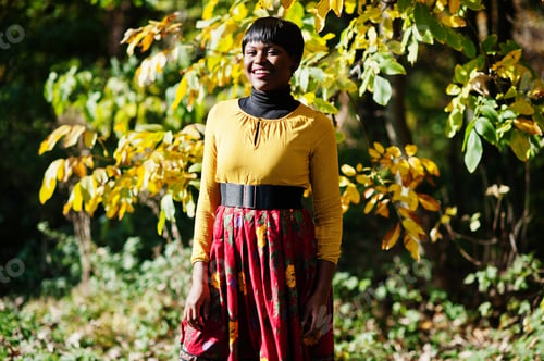 Preview: African american girl at yellow and red dress at autumn fall park.