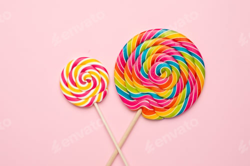 Preview: Colorful lolipops spiral with wooden stick on pink background , childhood sweets