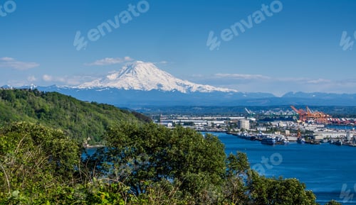 Preview: Snow-Covered Mount Rainier Towers Over The Port Of Tacoma.