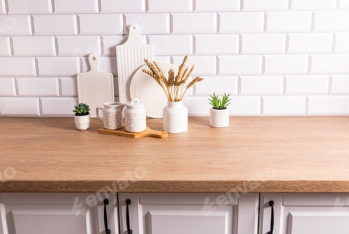 Preview: Beautiful kitchen background with different items and kitchen utensils made of eco-friendly material