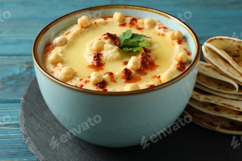 Preview: Tray with bowl of hummus and pita on wooden background