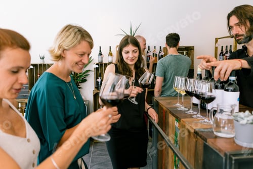Preview: women participating in a blind wine tasting in a winery checking wine color in glass