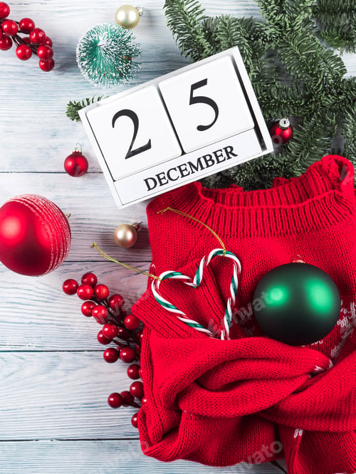 Preview: Festive christmas flat lay on white with calendar, December, 25