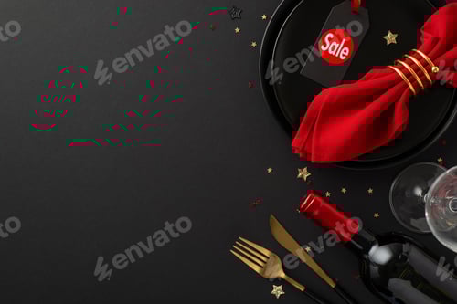 Preview: Eatery Black Friday offer idea. Overhead snapshot of plates, "sale" price tag, tableware
