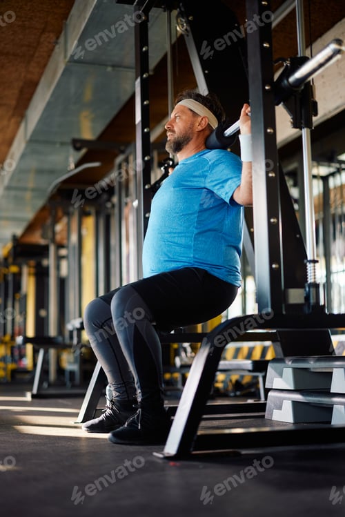 Preview: Mature man working out of exercise machine in a gym.