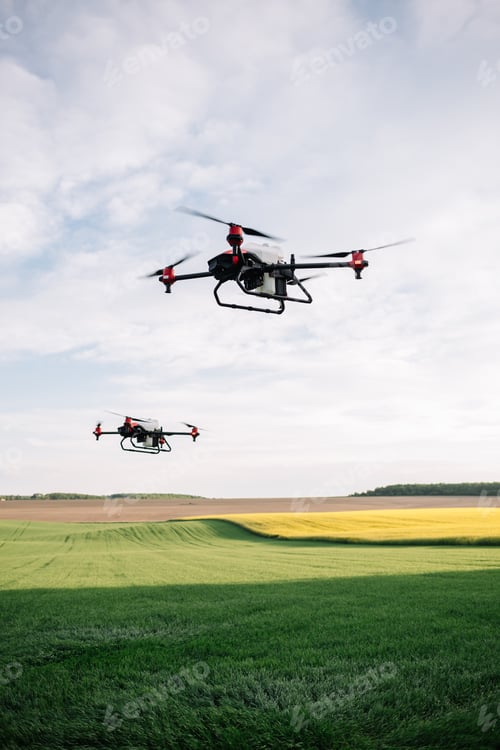 Preview: Agriculture drone flying on the green tea field at sunrise.