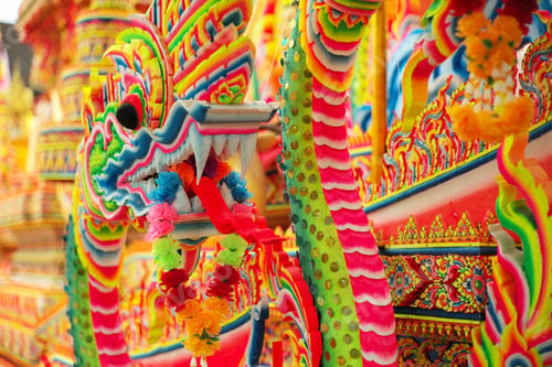 Preview: Closeup colorful artwork of big snake called Phaya Nak decorated on the boat for parade