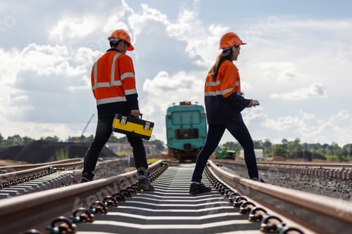 Preview: Two rail engineers walk across a newly built railway track carrying tools and plans