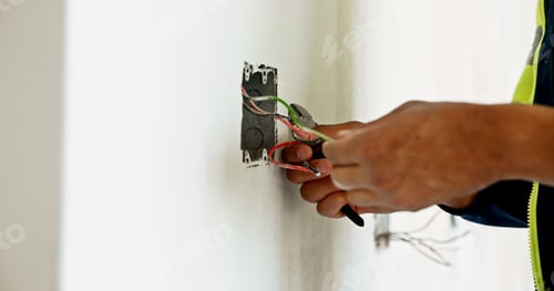 Preview: Man, hands and wires on construction site for renovation, connection or electrician with tools. Ele