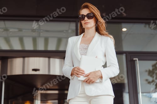 Preview: Lawyer business woman professional standing at business center entrance