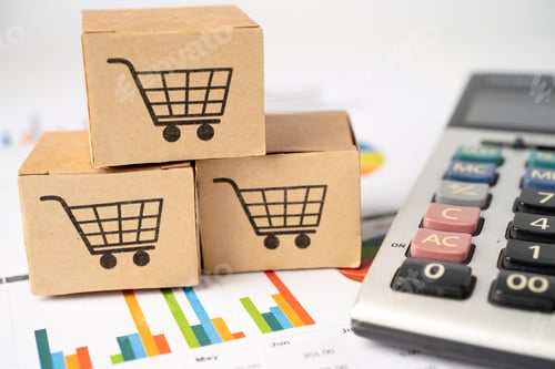 Preview: Shopping cart logo on box with calculator on graph background. Banking Account, Investment