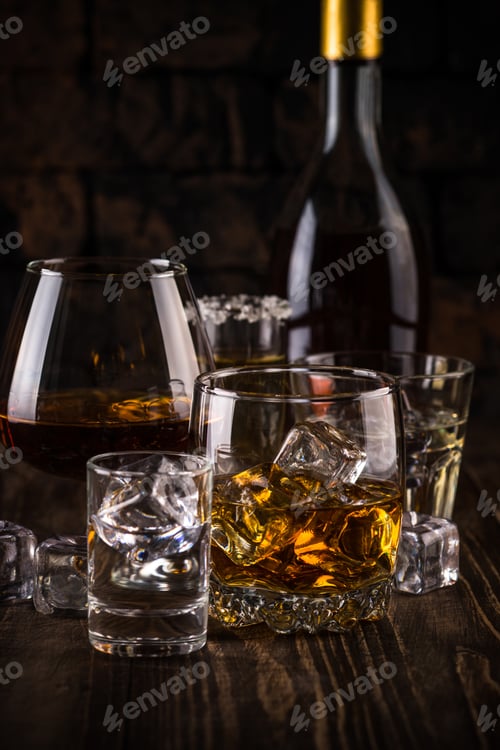 Preview: Strong alcohol drinks - whiskey, cognac, vodka, rum, tequila