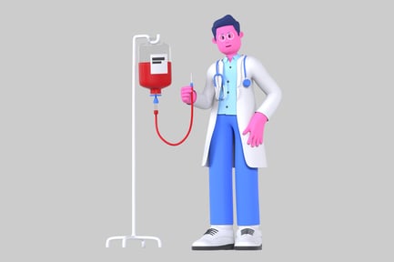 Visualização: Médico de desenho animado com gotejamento intravenoso